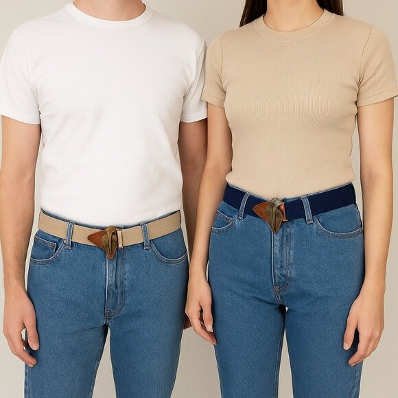 Vintage Omega Stretch Belts Small Set of 2 Canvas Elastic Brass Arrowhead Buckle - Picture 6 of 6